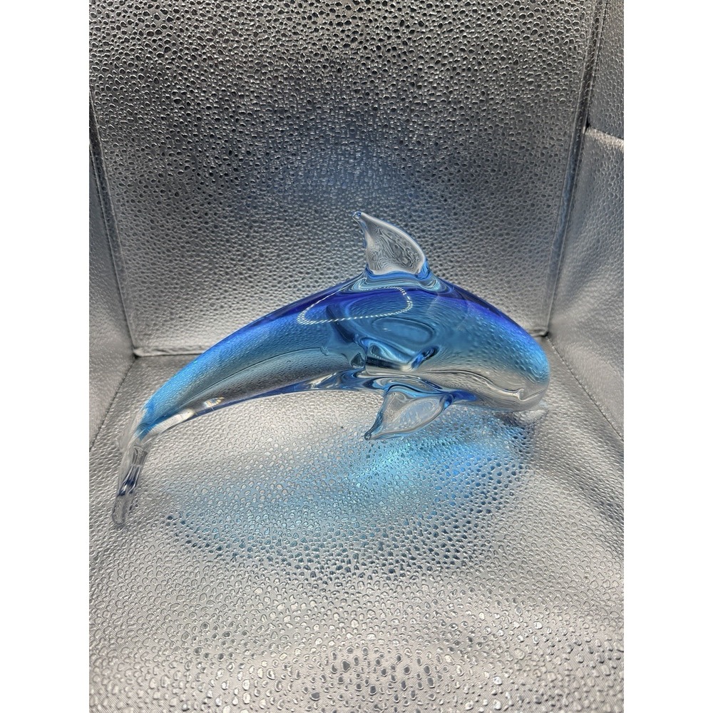Vtg Art Glass Hand Blown Leaping Dolphin Murano Style Green & Blue 10"L Figurine